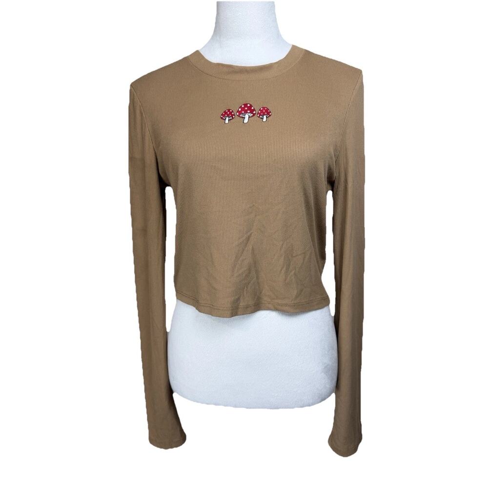 Women's Streetwear Society Crop Top Long Sleeves Sz XL Brown with red‎ Mushrooms
